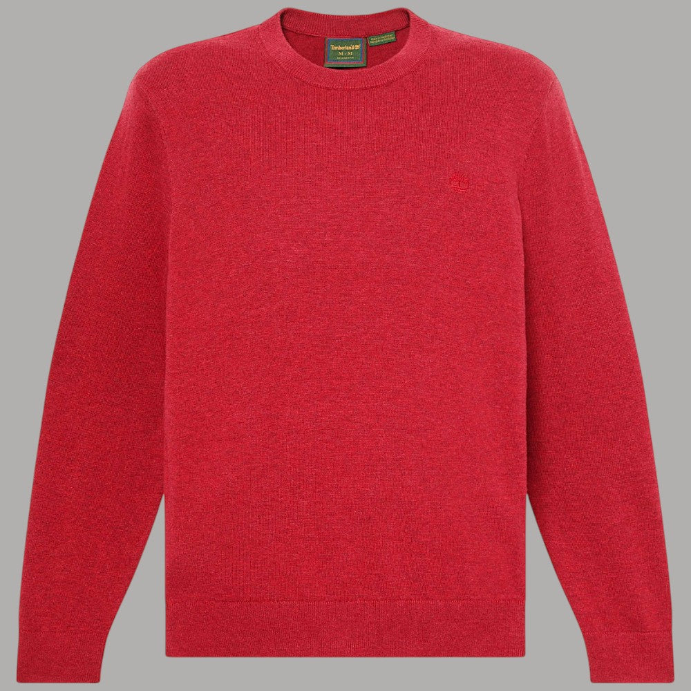 Maglione Timberland rosso girocollo, vista frontale con piccolo logo sul petto