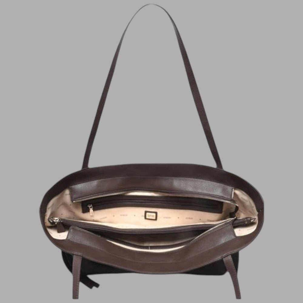 Borsa a spalla Guess Devon beige con stampa monogram e tre scomparti