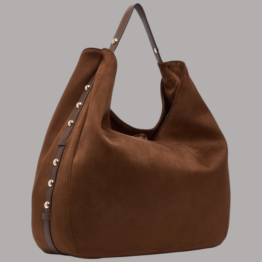 Borsa grande Liu Jo hobo con borchie in tessuto marrone e dettagli in pelle