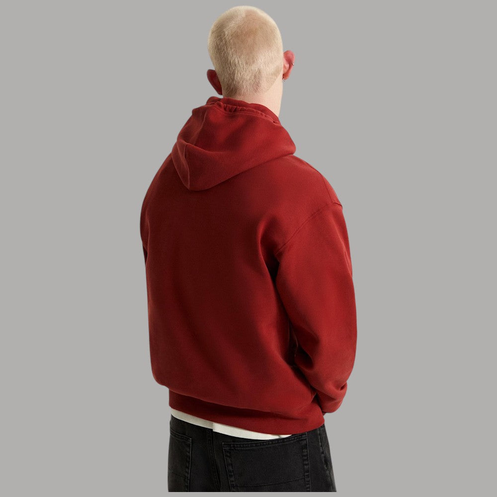 Felpa con cappuccio Vans rossa vista posteriore, cappuccio con cuciture e maniche lunghe