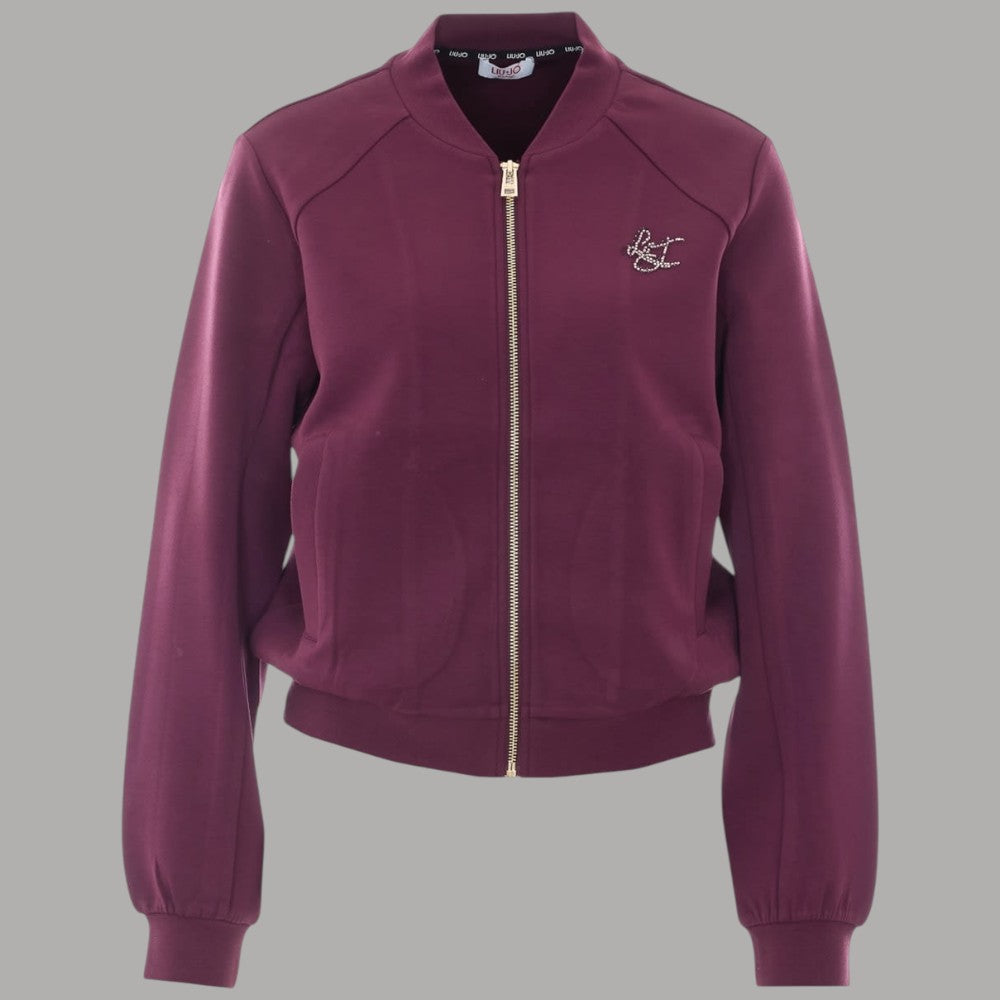 Liu Jo Felpa scuba con logo strass bordeaux con dettagli ricami e zip frontale