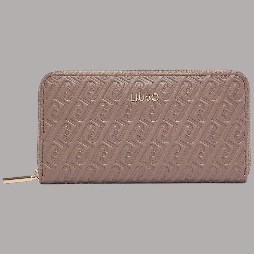 Portafoglio grande in pelle goffrata monogramma, zip e logo Liu Jo, marrone chiaro