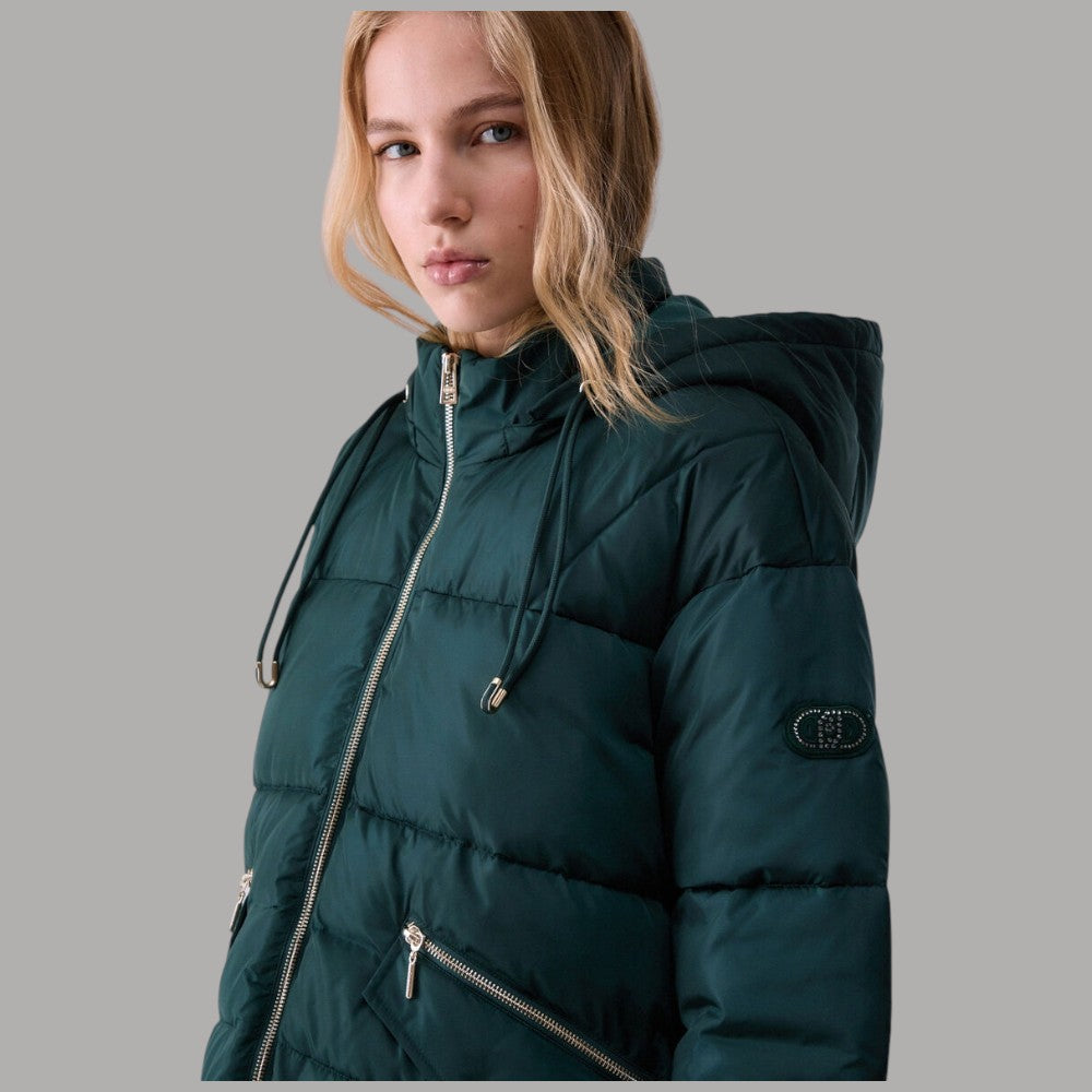 Giubbotto imbottito over size Liu Jo TF6006TS62A verde scuro con cappuccio e zip frontale
