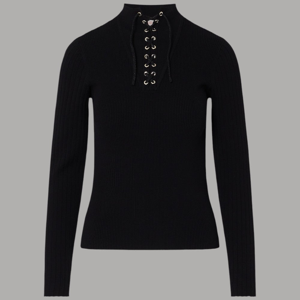 Maglia nera Liu Jo con laccetti sul davanti, tessuto a costine