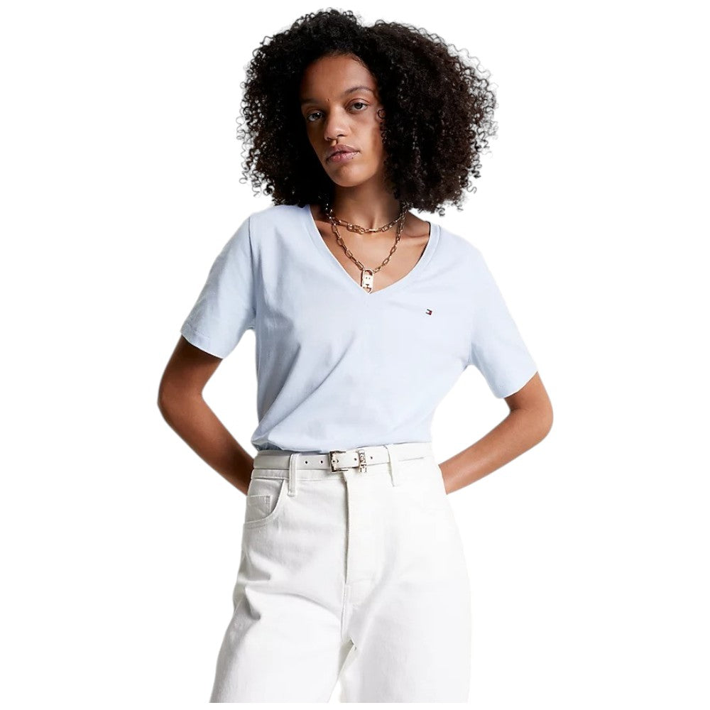 Tommy Hilfiger t-shirt scollo a V celeste logo piccolo WW0WW39781 T-shirt Tommy Hilfiger