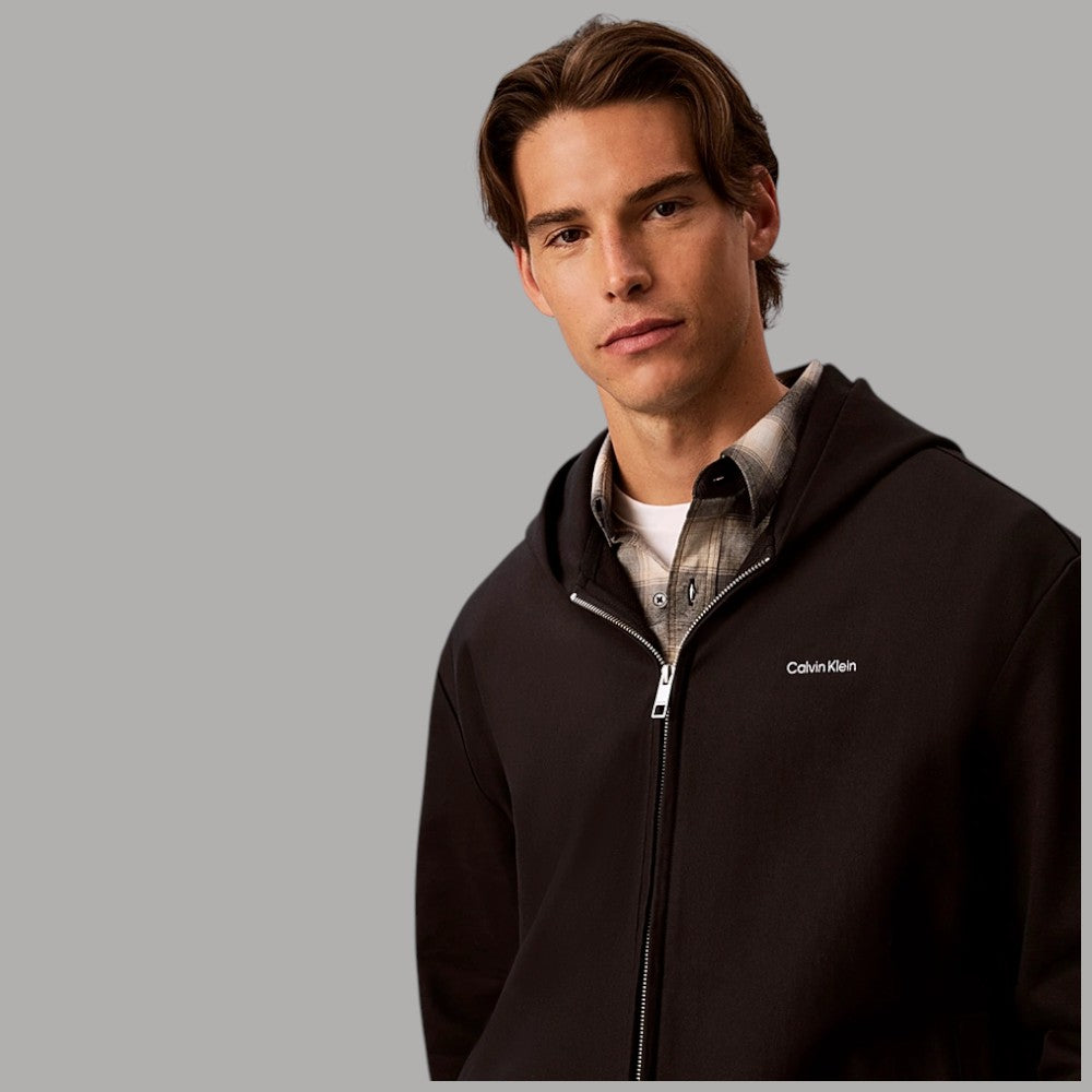 Felpa con zip e cappuccio Calvin Klein nera con logo micro LV04LH218G