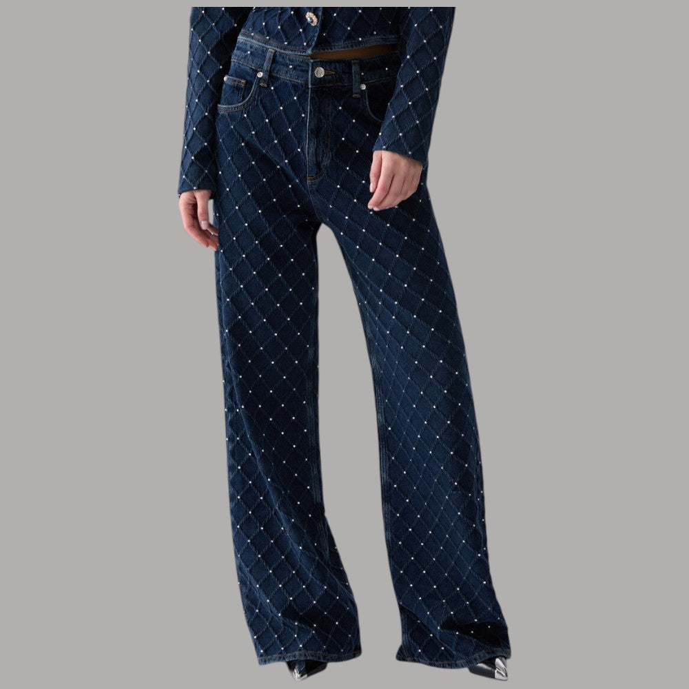Jeans straight matelassé con strass Liu Jo UF6173D0374 in blu notte con texture trapuntata e dettagli luminosi