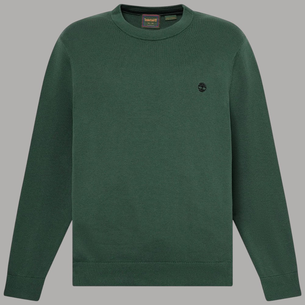 Maglione Timberland verde girocollo, vista frontale distesa con logo sul petto
