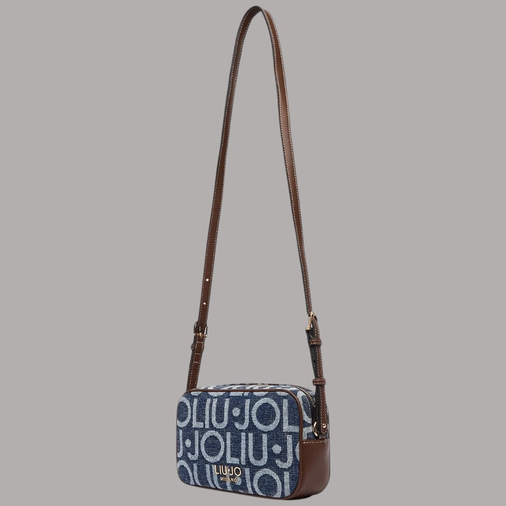Borsa Liu Jo tracolla in denim con logo ripetuto colorato e dettagli in pelle