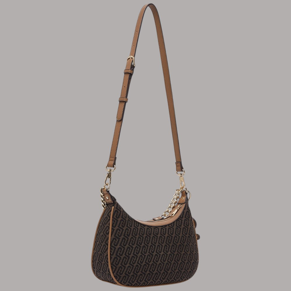 Borsa a spalla piccola Liu Jo in tessuto jacquard con dettaglio chain e tracolla camel