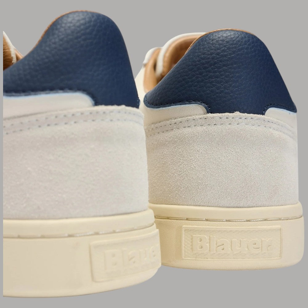 Sneakers uomo Blauer in pelle crema e blu con dettagli cuciture e suola in gomma