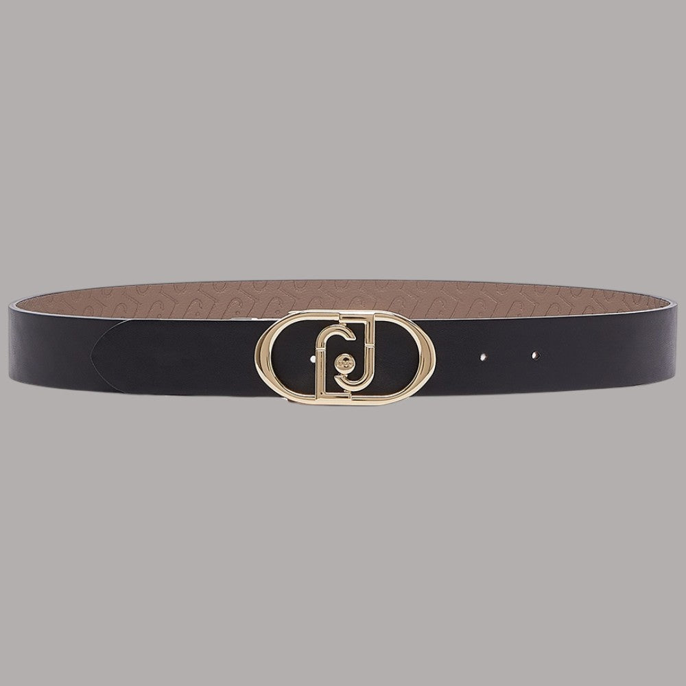 Cintura reversibile con fascia nera e fibbia ovale dorata con logo monogramma