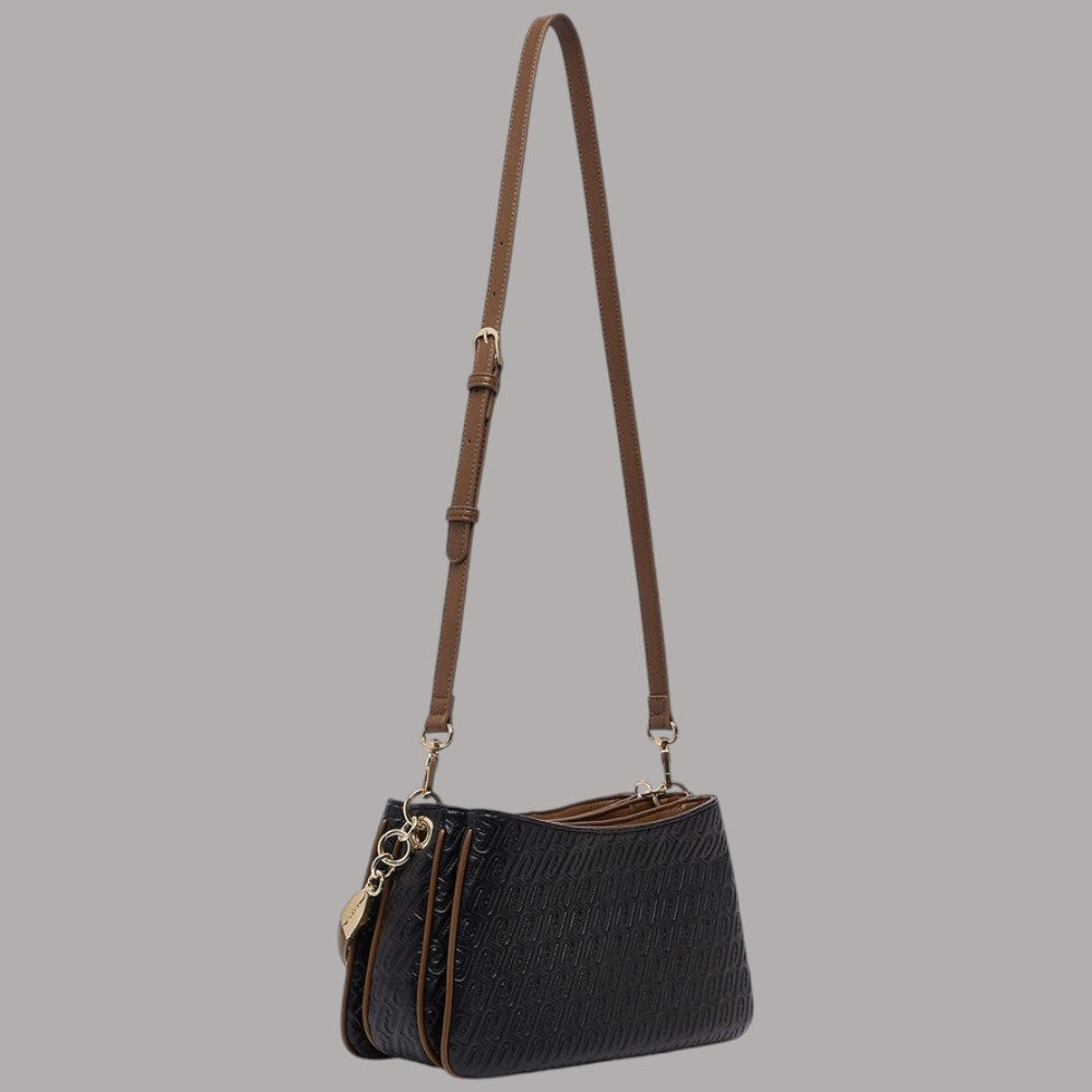 Borsa Liu Jo piccola a mano con logo embossato e tracolla in pelle nera e dettagli marroni