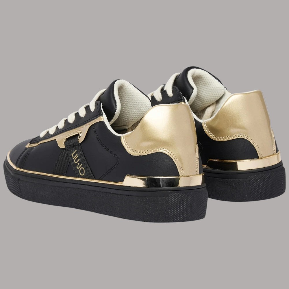 Sneakers Liu Jo Kiki 04 in pelle nera con dettagli laminati oro e cuciture bianche