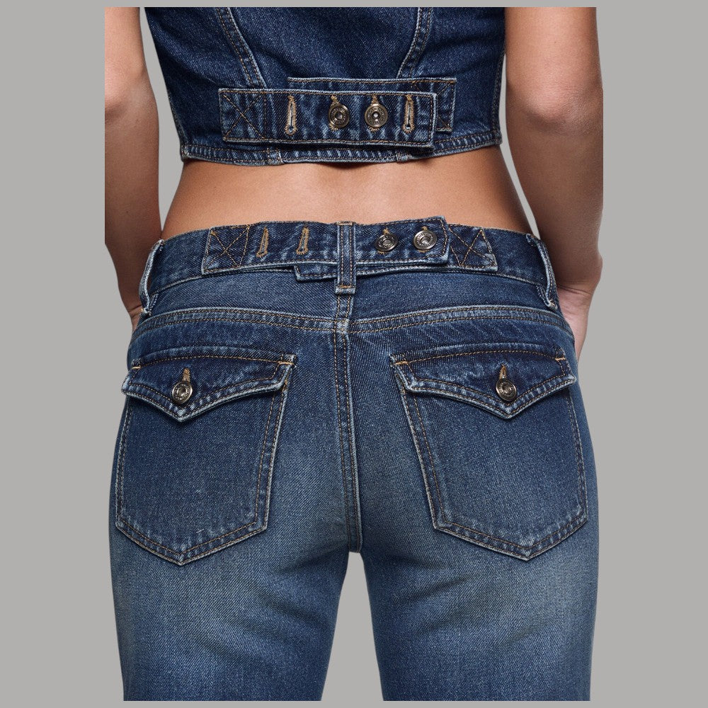 Jeans Liu Jo blu, dettaglio posteriore della vita e delle tasche con patta