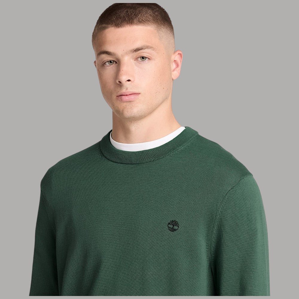 Maglione Timberland verde girocollo, con logo ricamato sul petto
