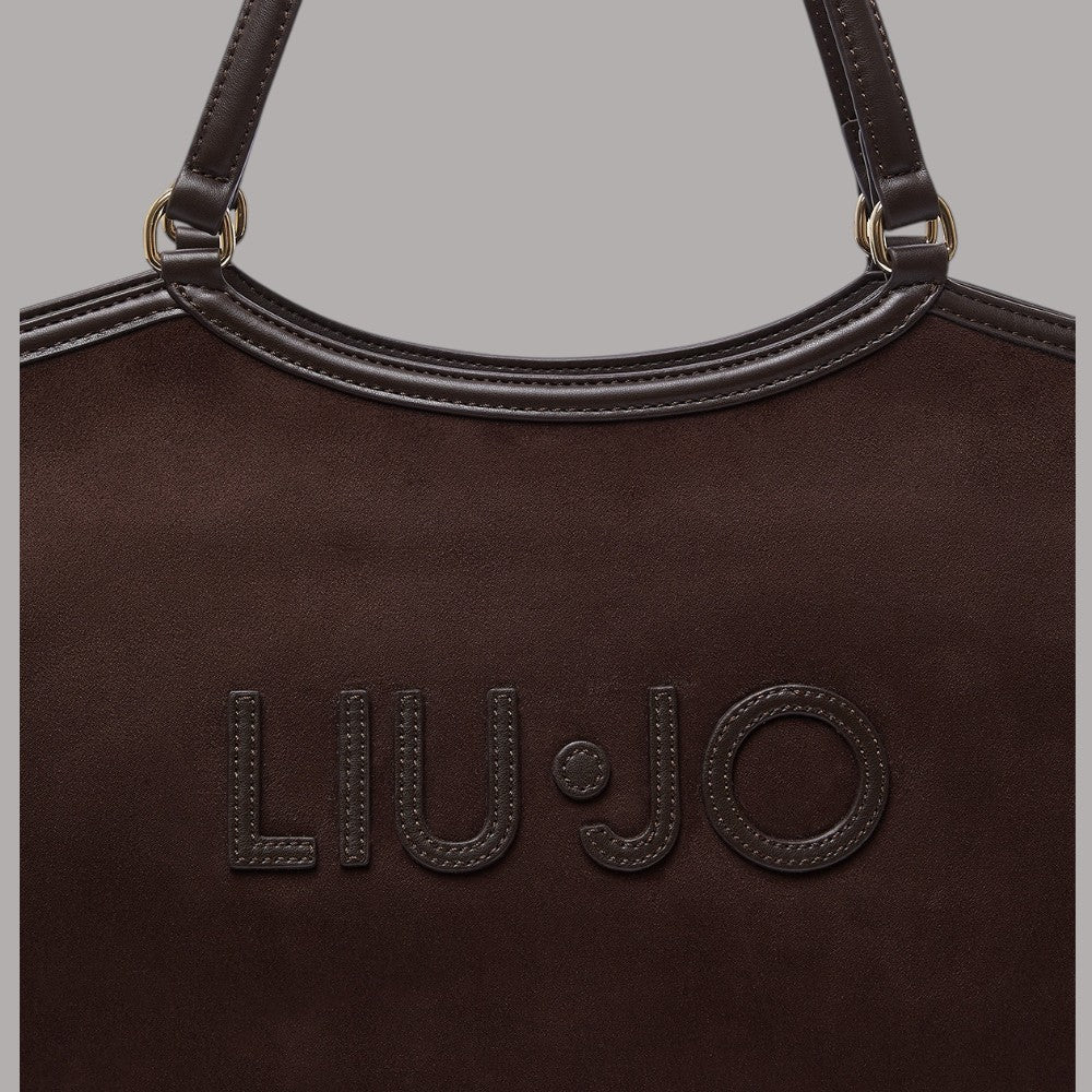 Borsa a spalla Liu Jo grande effetto scamosciato color marrone con logo applicato