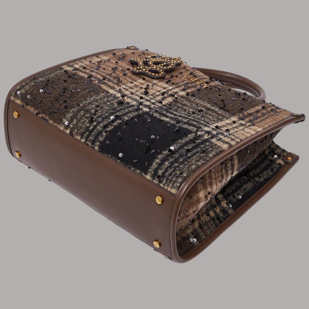 Borsa media Liu Jo in tessuto check con paillettes e dettagli in pelle marrone