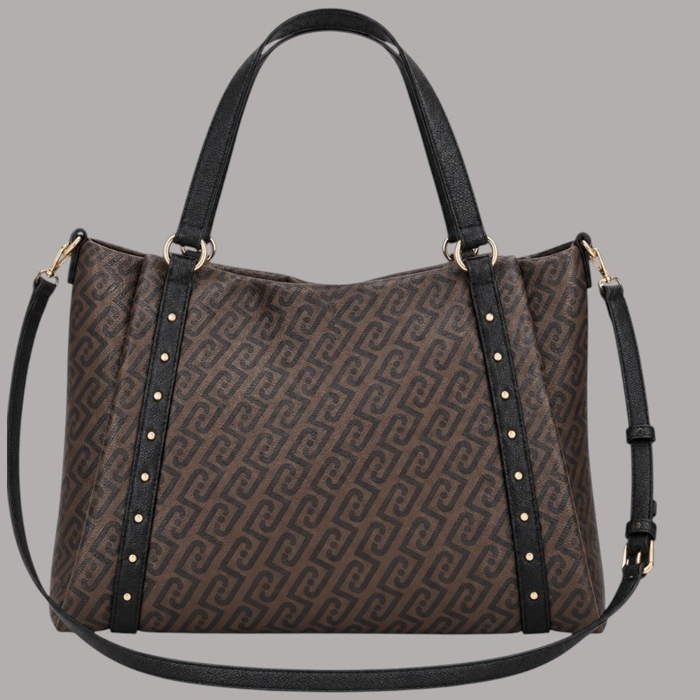 Borsa shopping Liu Jo tote media logo monogram color marrone con dettagli neri