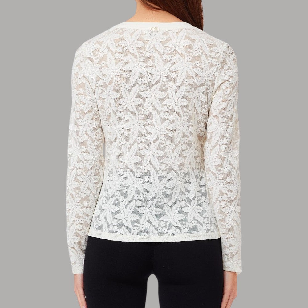 Liu Jo T-shirt in pizzo semi trasparente bianco con texture floreale e dettagli finemente lavorati