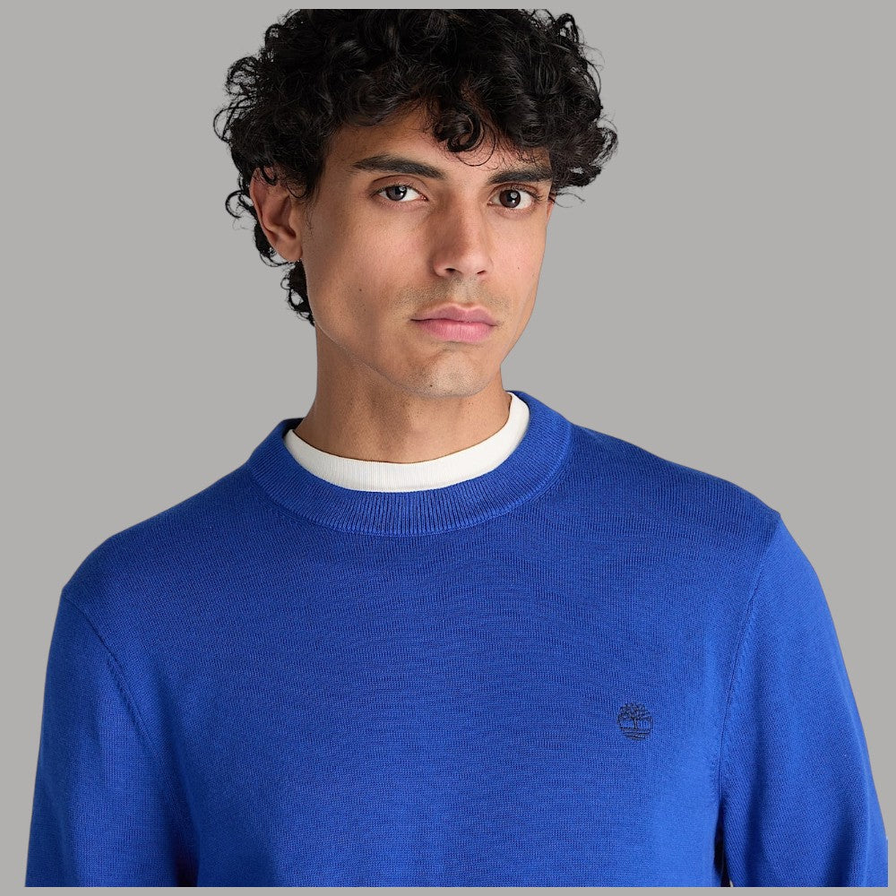 Maglione bluette Timberland con girocollo a costine e piccolo logo sul petto