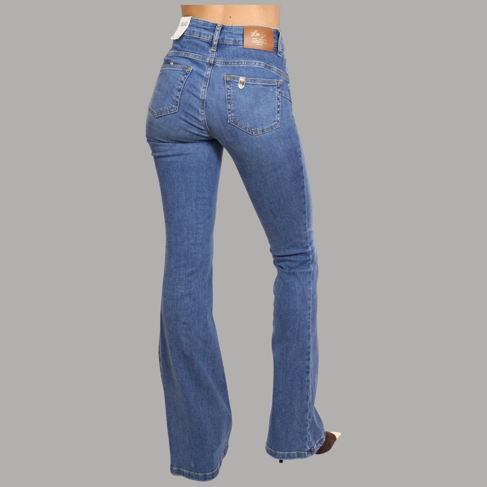 Jeans Liu Jo a zampa in denim blu, vista posteriore con tasche applicate
