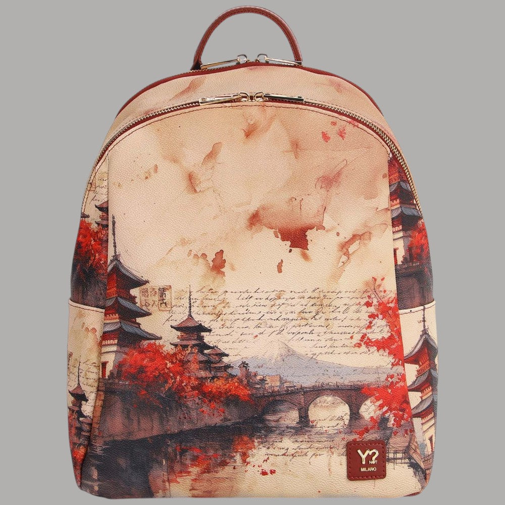Zaino Ynot con stampa giapponese di pagode, ponte e foglie rosse
