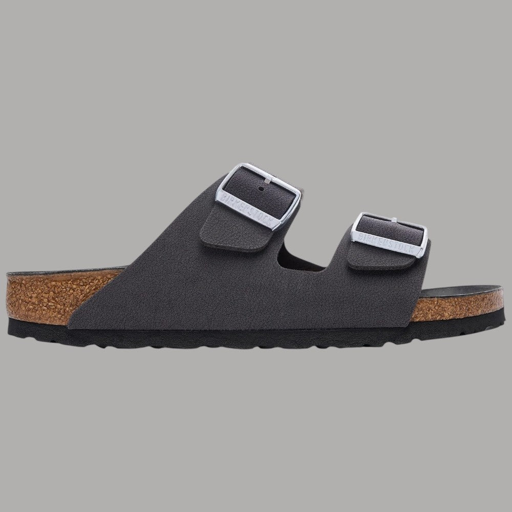 Birkenstock donna Arizona Triples velvet gray ciabatte con doppie fibbie in metallo, suola in sughero e schiuma, texture velluto grigia, vista laterale