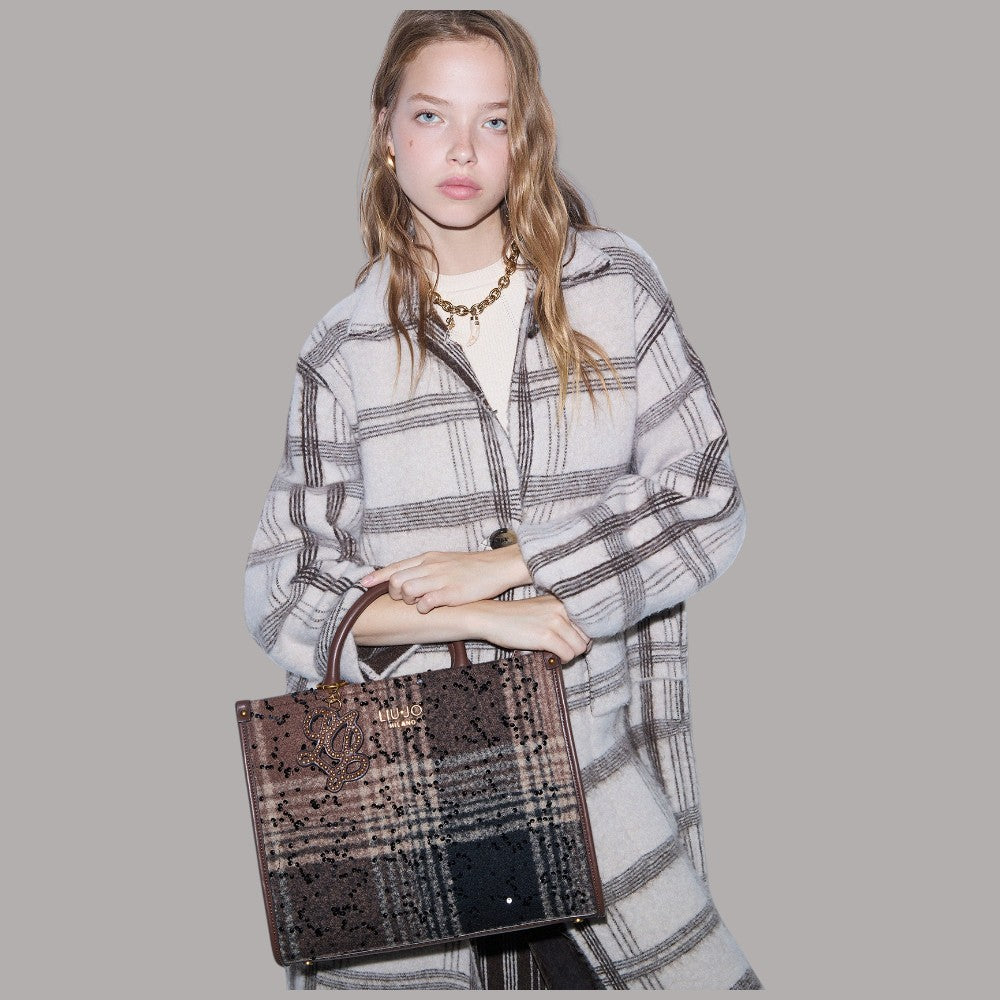 Borsa media Liu Jo in tessuto check con paillettes in marrone e nero