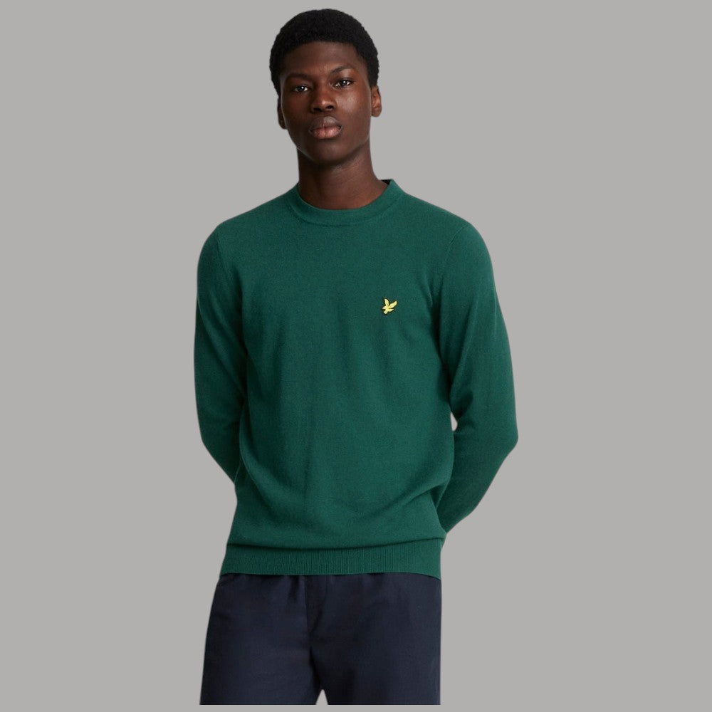 Maglione verde scuro con girocollo, maniche lunghe e logo Lyle & Scott ricamato
