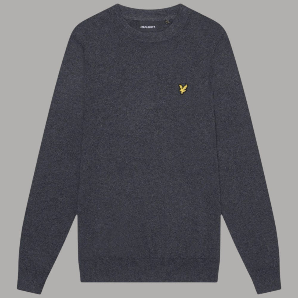 Maglione Lyle & Scott grigio mélange in lana merino, girocollo con logo sul petto