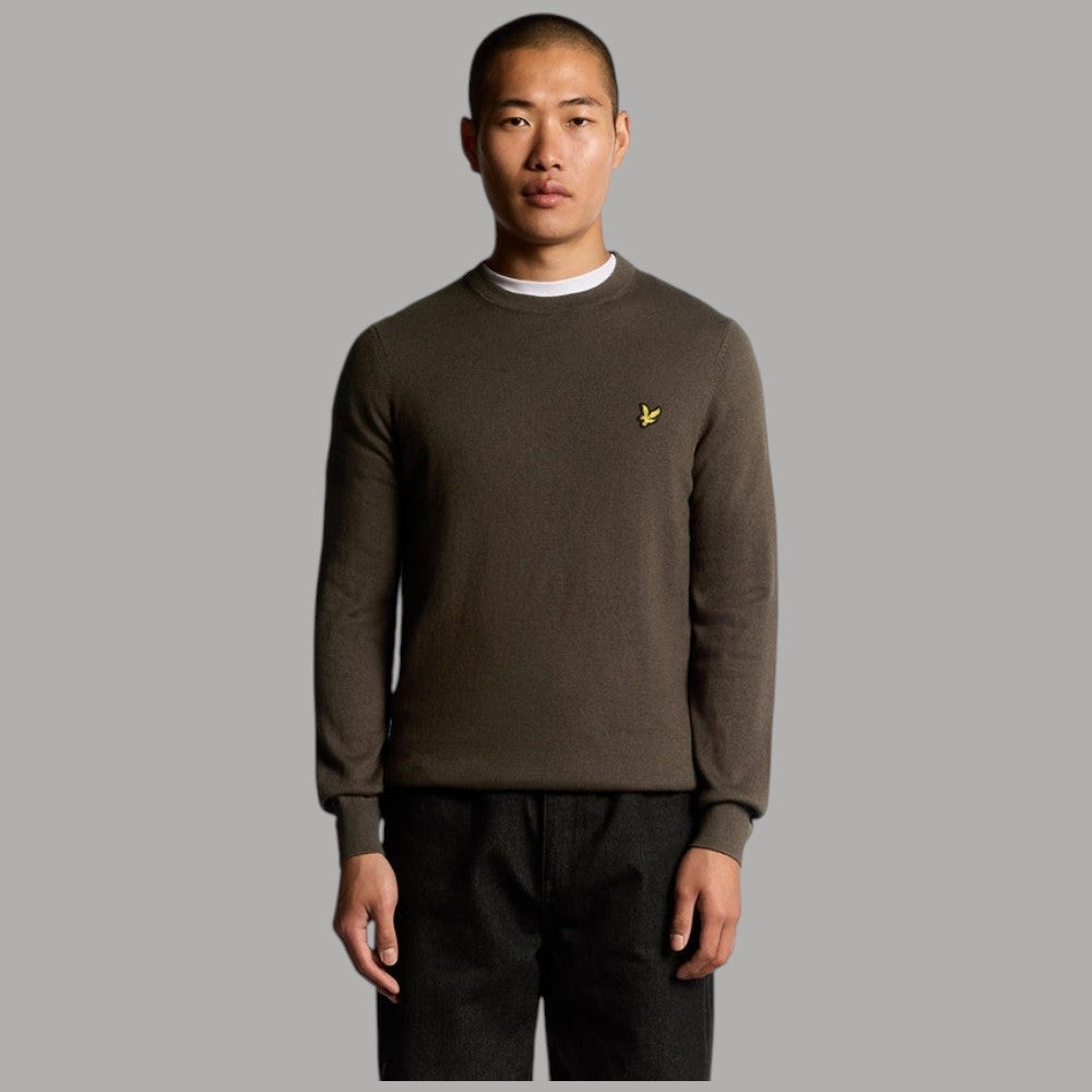 Maglione marrone scuro con logo Lyle & Scott, girocollo e polsini a costine
