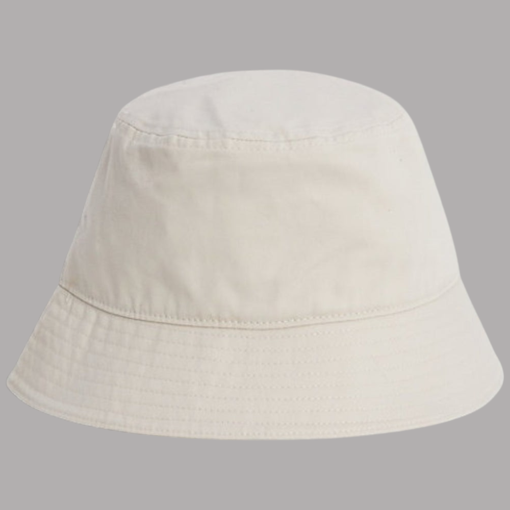 Cappello bucket beige con ampia tesa e cuciture a righe sul giro