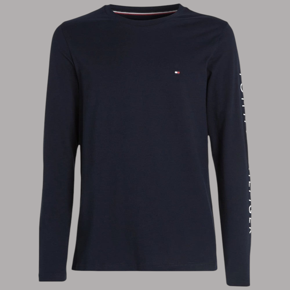 Maglia blu scuro a maniche lunghe con girocollo e piccolo logo sul petto