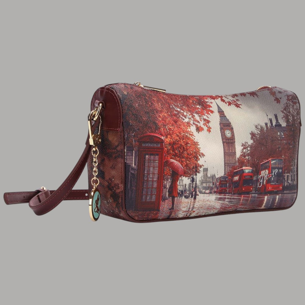 Borsa a spalla YNot Clutch stampa città con scena di Londra e dettagli rossi