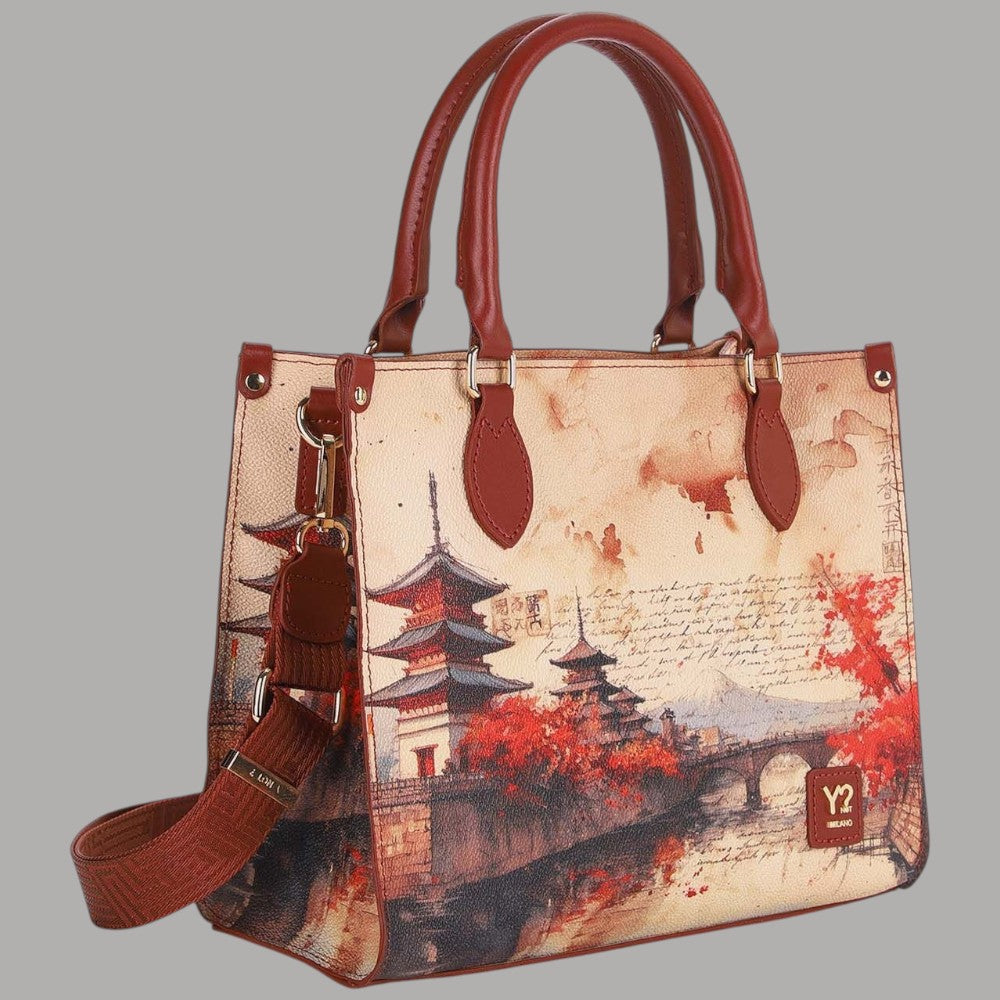YNot Yes Bag small tote con stampa città e manici in pelle marrone, tracolla inclusa
