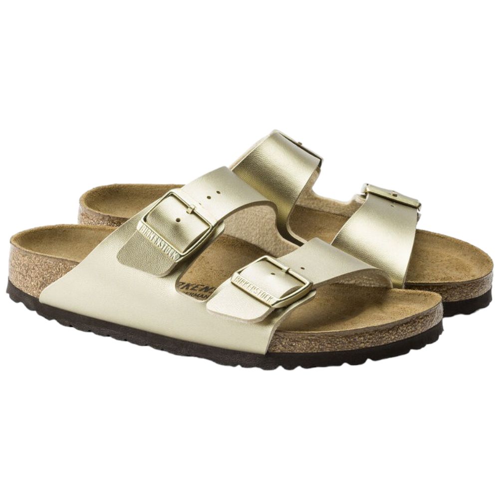 Ciabatte Birkenstock Arizona oro, laterale con doppia fascia e suola scura
