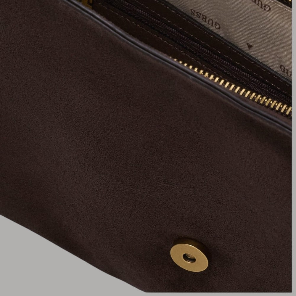 Borsa a spalla grande Guess Camden marrone effetto suede