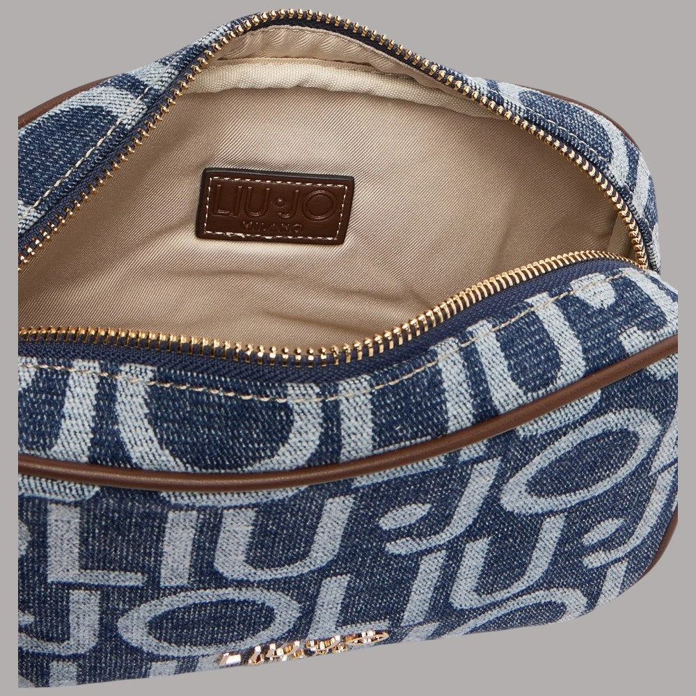 Liu Jo borsa piccola tracolla in denim con logo ripetuto, dettagli dorati, interno beige