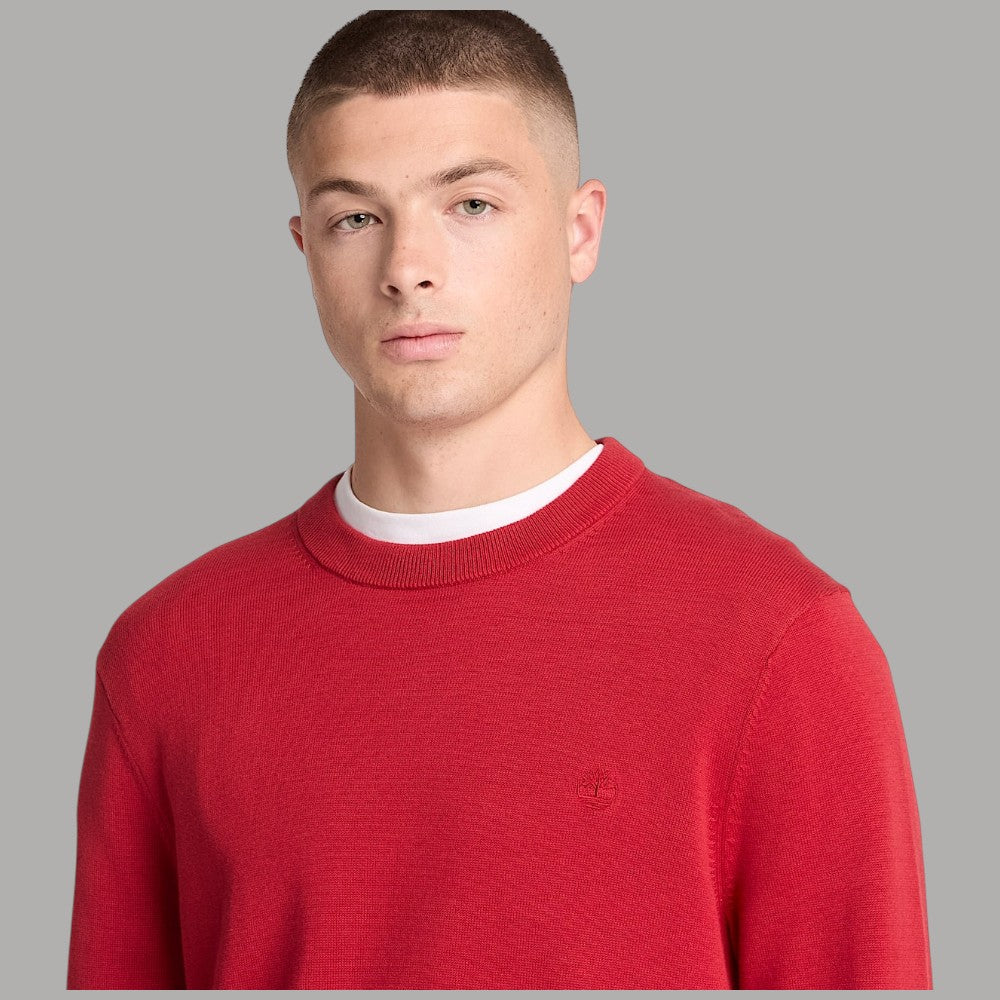 Maglione Timberland rosso in cotone biologico, girocollo e piccolo logo ricamato sul petto
