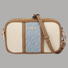 Liu Jo borsa a tracolla piccola in tessuto beige con dettagli blu effetto jacquard e tracolla in pelle marrone