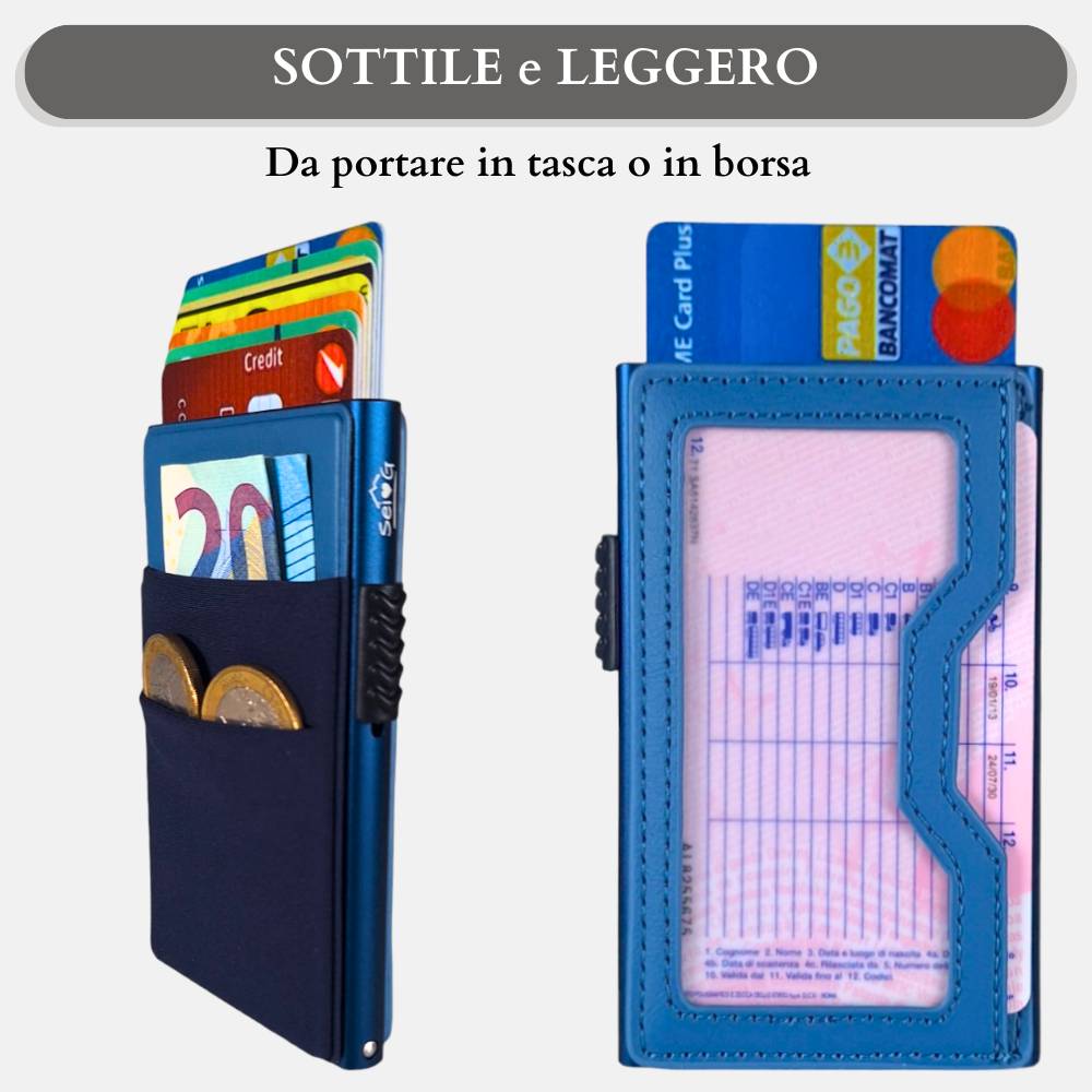 Sei G portacarte in alluminio blu con tasca elastica Portafogli SEI G