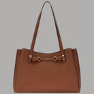 Borsa tote cognac con manici e chiusura decorata, tre scomparti