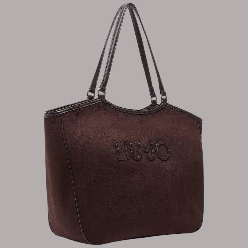 Borsa a spalla Liu Jo tote grande effetto scamosciato color marrone con logo patch