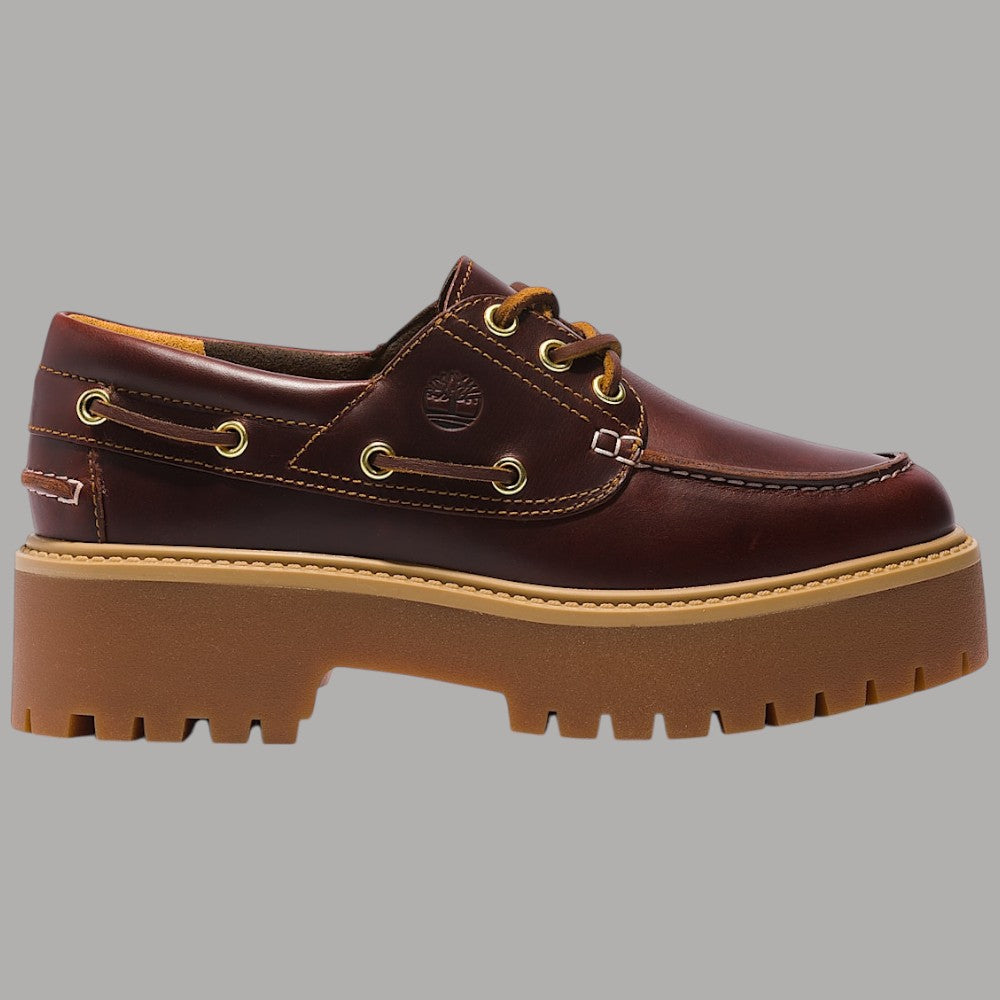 Scarpa da donna Timberland da barca con plateau marrone, dettagli di cuciture gialle