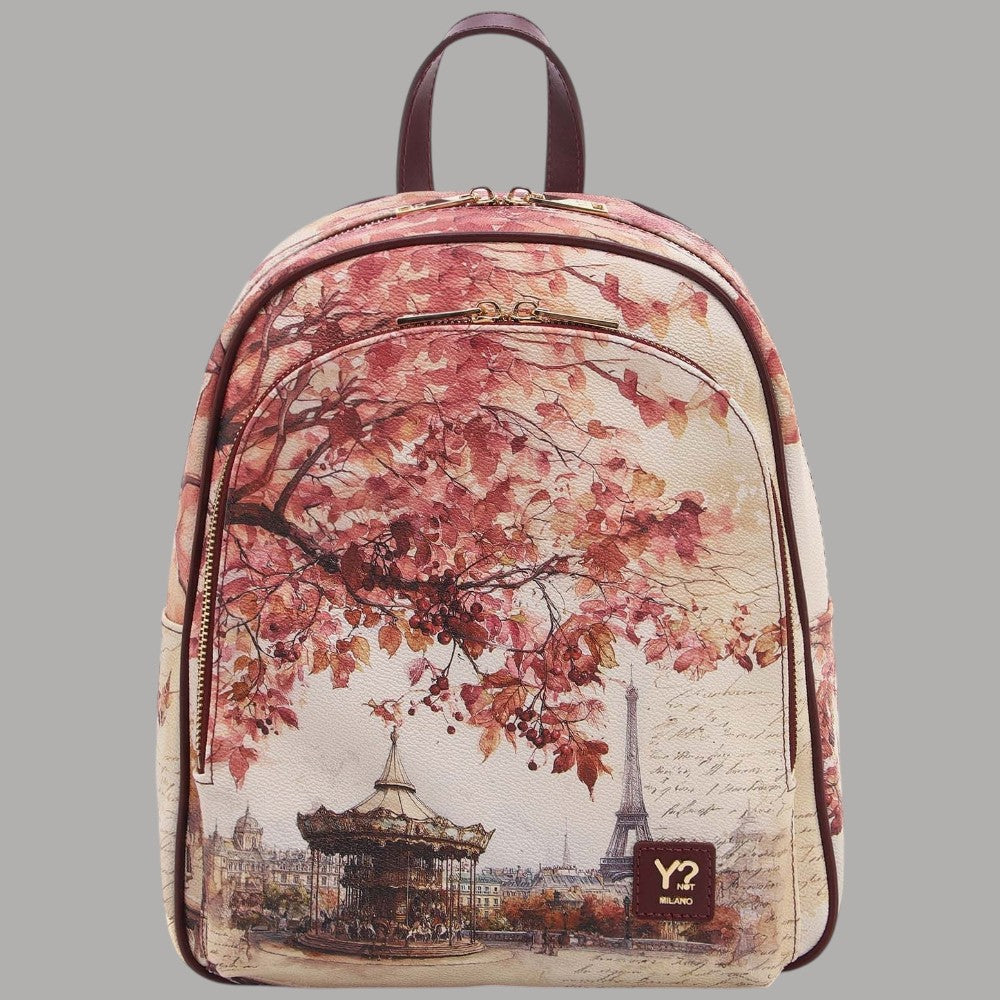 Zaino YNot color crema con stampa parigina e dettagli rosa