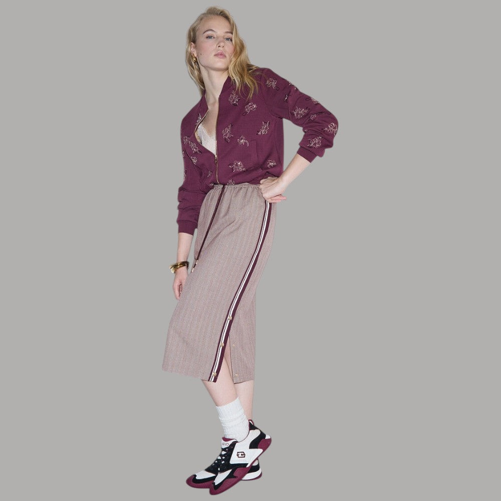 Gonne midi Liu Jo TF6151T692A con zip laterale e stampa a righe beige con dettaglio zip e lato