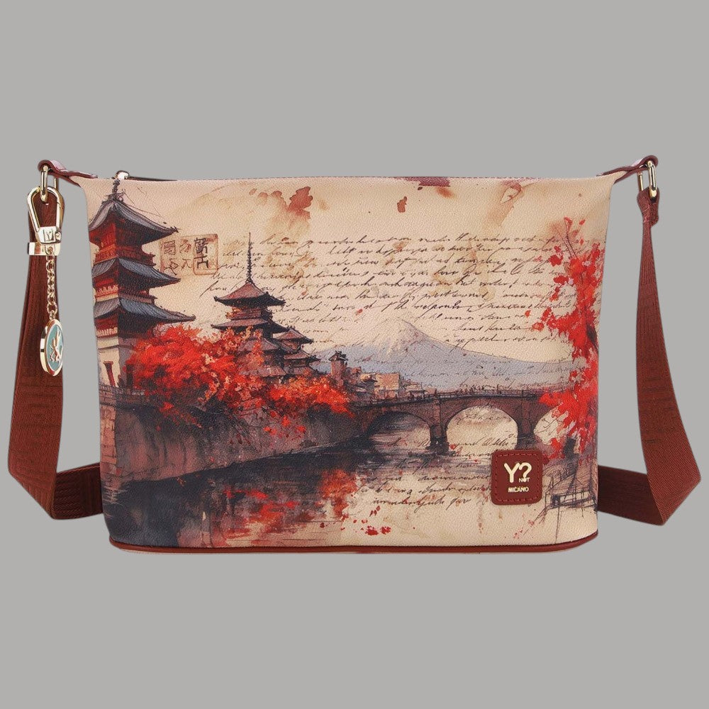 Borsa hobo beige con stampa giapponese e paesaggio del Fuji