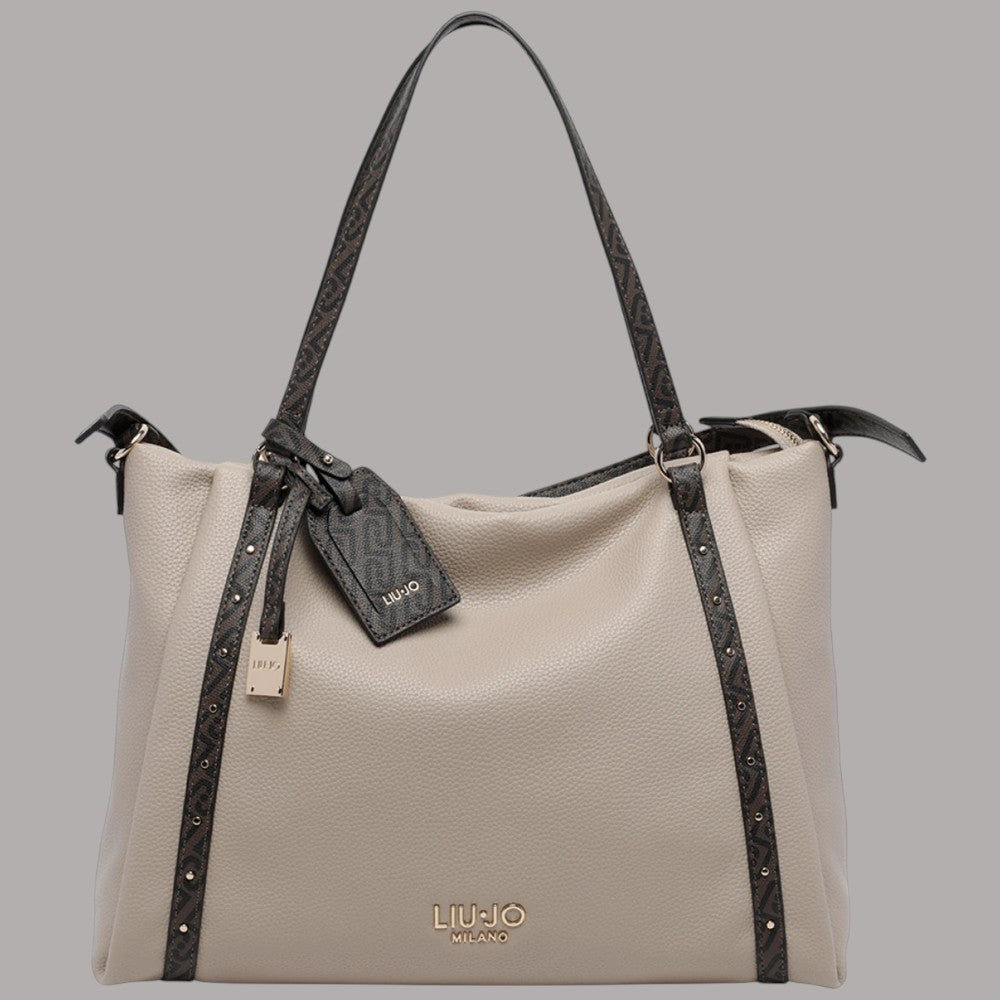 Borsa tote media Liu Jo Ilyana effetto grana beige con dettagli neri e logo oro