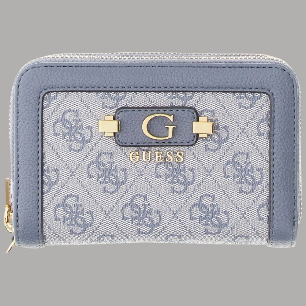 Portafoglio medio Guess Lindsey marrone con logo all-over e dettagli dorati